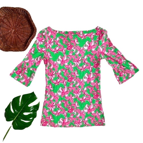 Lilly Pulitzer Boatneck Belle Top All A Flutter Pink Green Butterfly Extra Small - Picture 15 of 16
